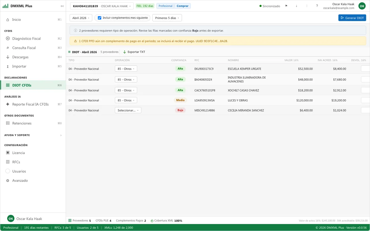 Vista DIOT con agregación por proveedor